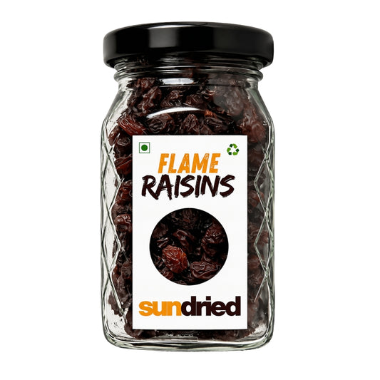 Front view of 200g package of NEUTRIFARM Red Flame Raisins, naturally sun-dried gluten-free superfoods in a clear bag.