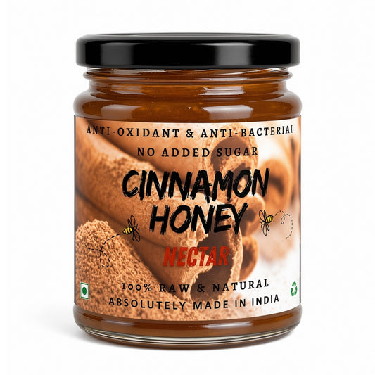 Jar of NEUTRIFARM Cinnamon Honey, raw natural sweetener with anti-oxidant and anti-bacterial properties, in a 250g container.
