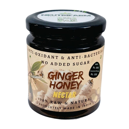 Jar of NEUTRIFARM Ginger Honey, raw natural sweetener with anti-oxidant and antibacterial properties, featuring fresh ginger and honey.