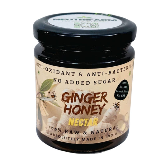 Jar of NEUTRIFARM Ginger Honey, raw natural sweetener with anti-oxidant and antibacterial properties, featuring fresh ginger and honey.