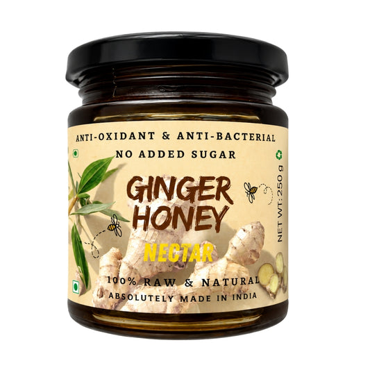 Jar of NEUTRIFARM Ginger Honey, 250g, a natural unrefined sweetener with anti-oxidant and anti-bacterial properties.