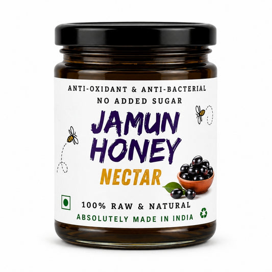 Jar of NEUTRIFARM Jamun Honey in a 250g glass container, showcasing the raw, natural honey with a golden hue.