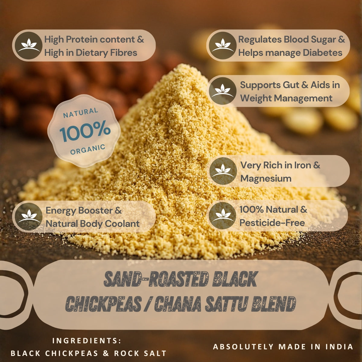 Sand-Roasted Black Chickpeas / Chana Sattu Blend (with Rock Salt) | Dietary Fibre & Protein Rich Superfood - NEUTRIFARM | Harvesting Health